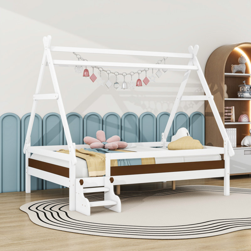 Lit plateforme en bois avec escalier, Double, Blanc