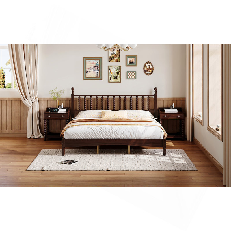 Lit plateforme très grand en bois avec tête de lit en forme de gourde, lit plateforme de style rétro avec support à lattes en bois, noyer