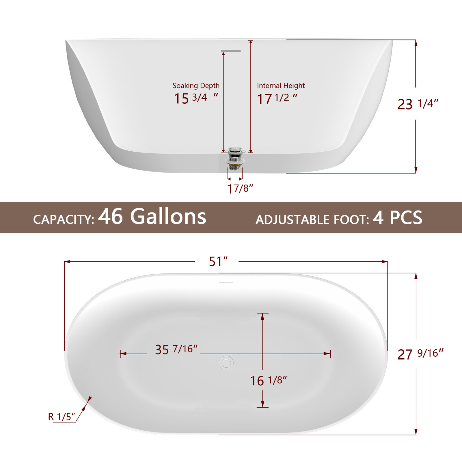 51" Freestanding Soaking Acrylic Bathtub, White