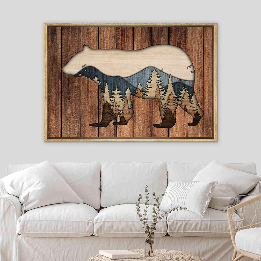 Western Wood Effect Landscape IDEA4WALL Framed Canvas Print Wall Art Wood Panel Double Exposure Bear Forest Nature Wilderness Digital Art Modern Art Decorative Zen Countryside/Farm For Living Room, Bedroom, OfficeFCV-AS21-2206 IDEA4WALL 