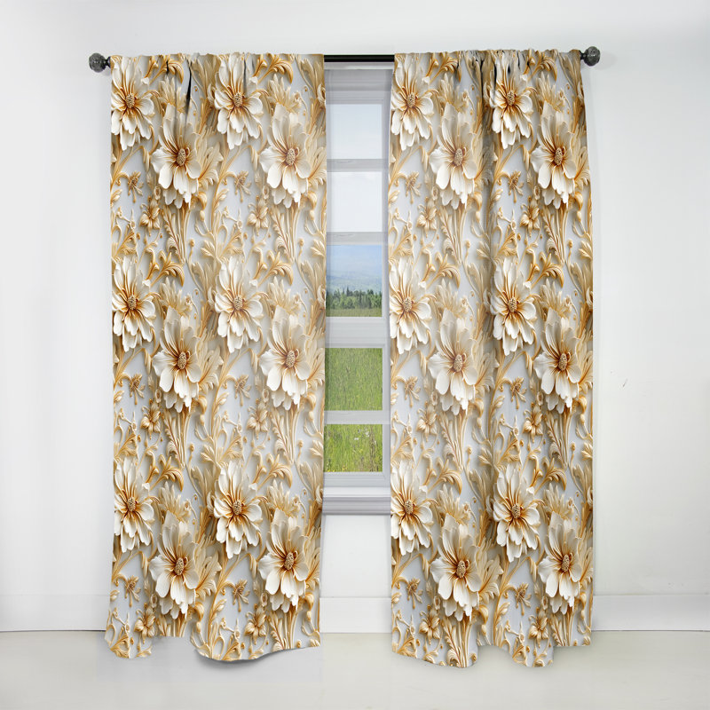 Gold And White Royal Flower Garden Serenity I - Bohemian Curtain - Velvet Room Darkening - 1 panel, 52" W x 108" L