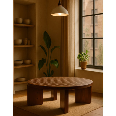 Table basse en bois d'acacia et carrelage