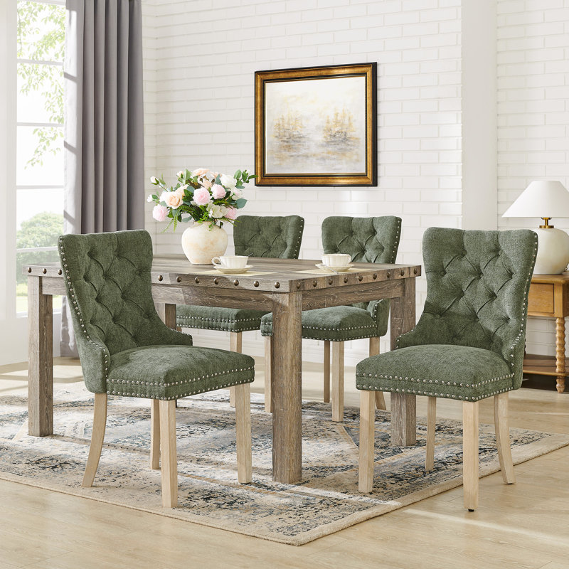 5 Piece Dining Table Set, Farmhouse Rectangular Kitchen Table & 4 Upholstery Chairs, Green, Green Chenille