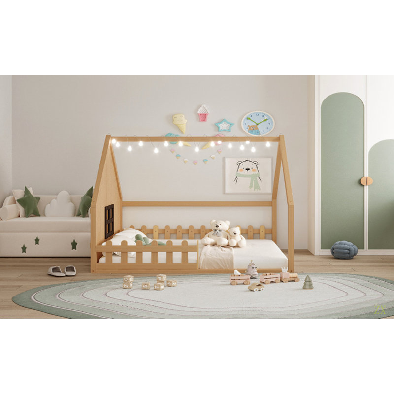 Lit double en bois avec fenêtre et clôture, Brun