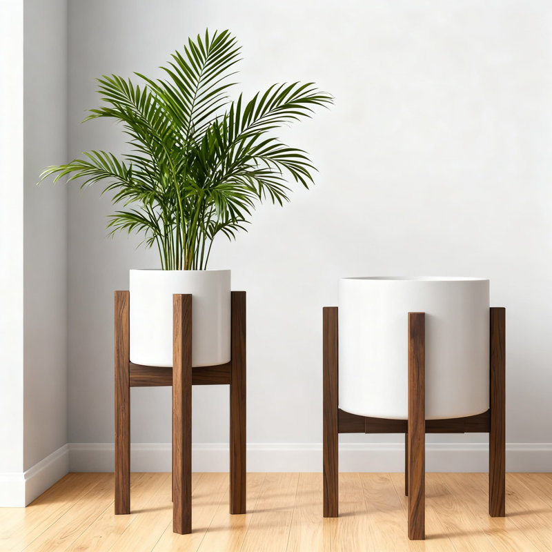 Support à plante Mid-Century moderne fabriqué à la main en bois d'acacia massif pour pots de 8 à 12 pouces à l'intérieur et à l'extérieur