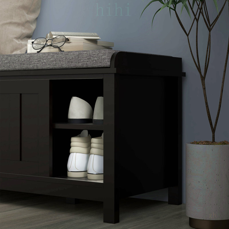 Le repose-pieds de rangement pour hall d'entrée avec portes coulissantes, tablettes réglables, 6 compartiments et siège rembourré peut contenir 10 paires