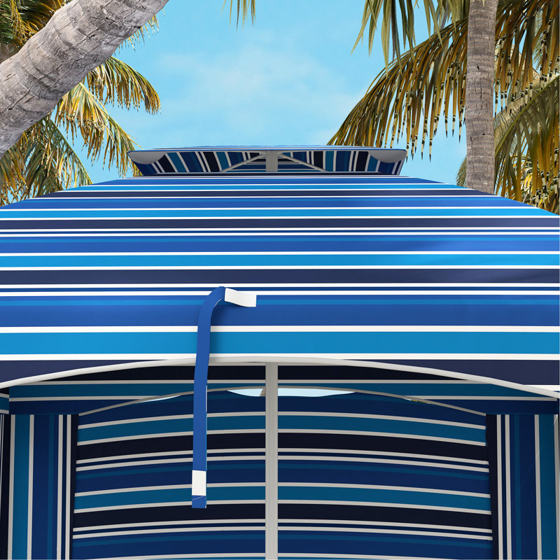 5.8' X Double-Top Beach Umbrella With Walls, Vents, Sandbags, Carry Bag, Blue Stripe, Blocks Sunlight Ruffled Ideal For Outdoor Activities