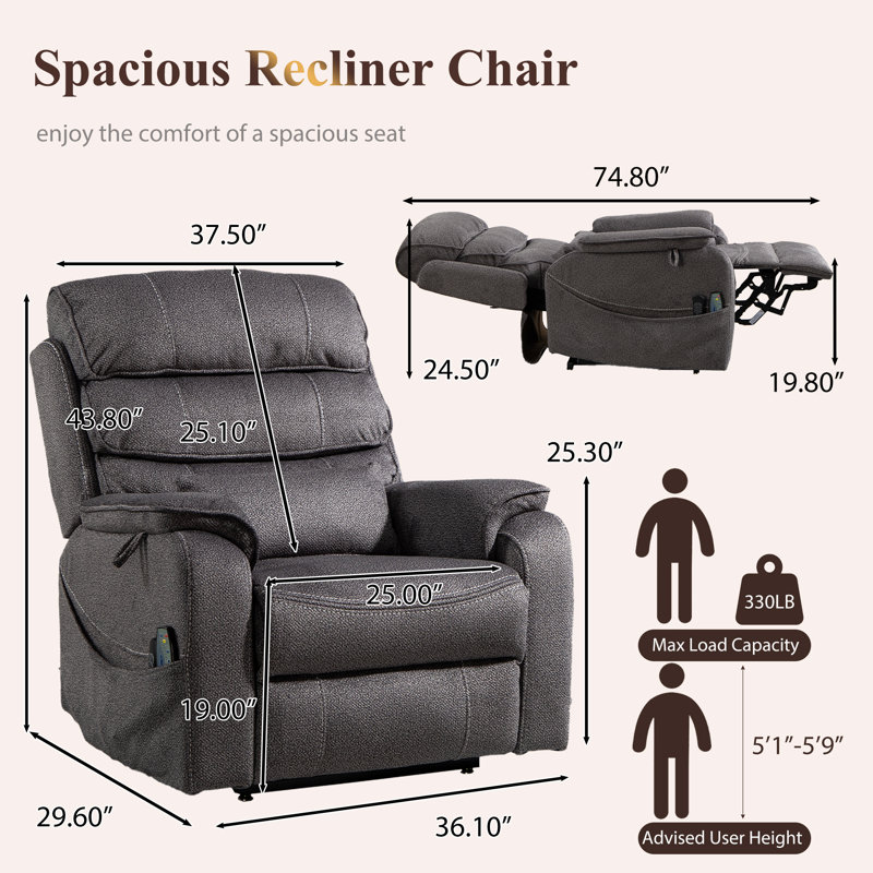 Tayani 36.10" Wide Modern Comfortable Upholstered,Liftable Large Power Recliner, Dark Gray