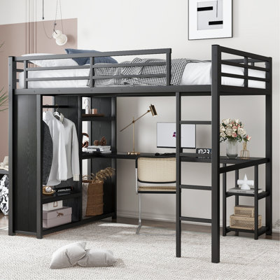 Full Size Loft Bed Frame With Built-In Wardrobe, Metal Loft Bed With Desk And Storage Shelves, Black