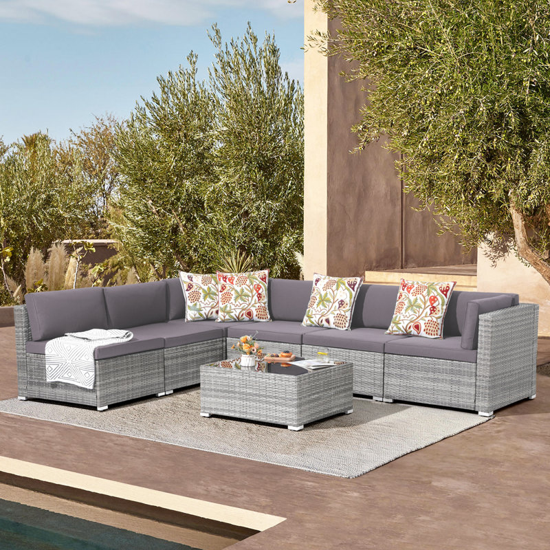 Ensemble de conversation modulaire en rotin avec coussins Sanjaya, Gris foncé, Non