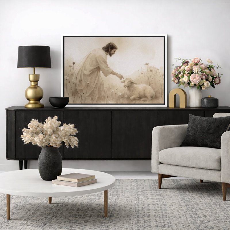 Gentle berger avec agneau, œuvre d'art, impression sur toile encadrée, H 24 po x l 36 po, Cadre flottant blanc
