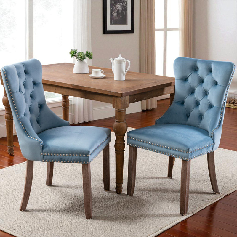 Ensemble de 2 chaises de salle à manger rembourrées en velours capitonné à oreilles (ensemble de 2), Bleu