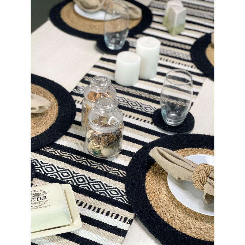 Montano Geometric Cotton Blend Table Runner, Black/White, 72" Rectangle