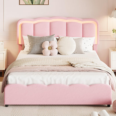 Lit plateforme pour enfant entièrement recouvert de velours avec éclairage DEL, style princesse, 2 tiroirs de rangement, sommier à lattes en bois, sans sommier tapissier, rose. Convient aux filles et aux garçons.