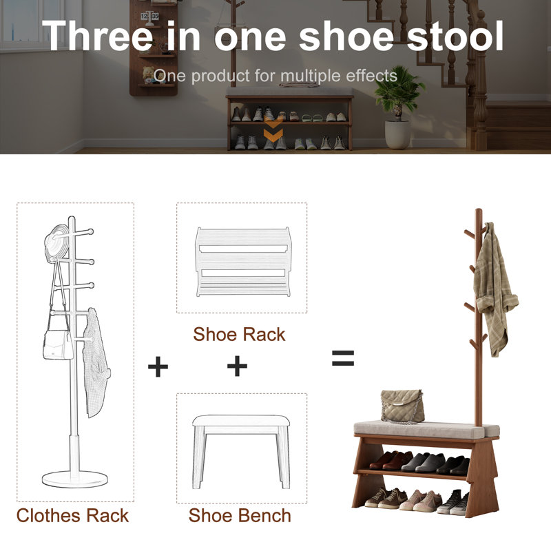 Solid Wood Entryway Bench with Integrated Shoe Rack & Coat Hooks – Angled Side Design, 65.75'' H x 31.5'' W x 13.78'' D