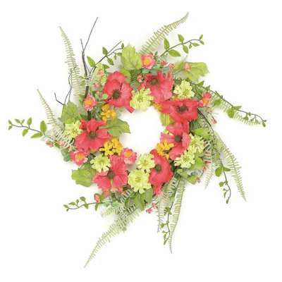 Couronne florale rouge coquelicot et fleurs sauvages orange - 24 pouces non éclairée
