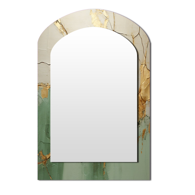 Green Gold Minimalism Poteries - Abstract Spirals Arch Unique Wall Mirror Decor, Green Asymmetrical Large Mirror, Printed Metal Art