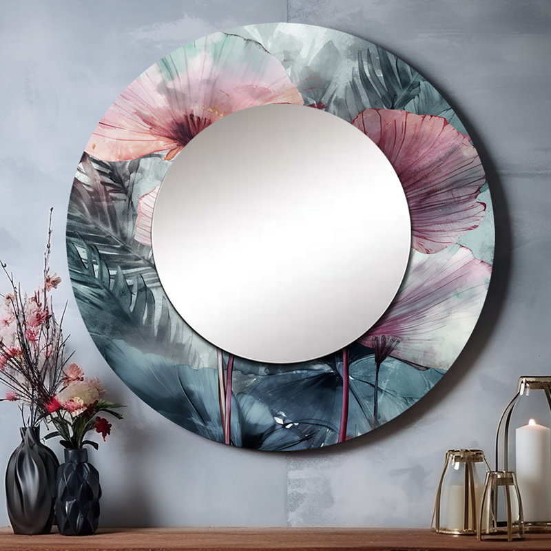 Piotras Ginkgo Leaves Tropical II - Leaves Decorative Mirror, Traditional Large Round Wall Mirror, Printed Metal Art