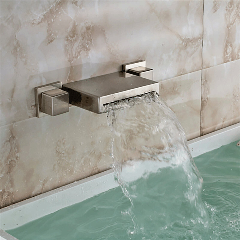 BathSelect Cali Brushed Nickel Wall Mount Double Handle Bathtub Faucet – Contemporary Design with Handheld Shower
