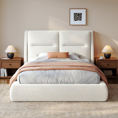 Cloud Soft Bed with Thick 10.63 Inch Headboard,Boucle Upholstered Platform Bed Frame,Easy Assembly Slat Support Bed Base for Bedroom
