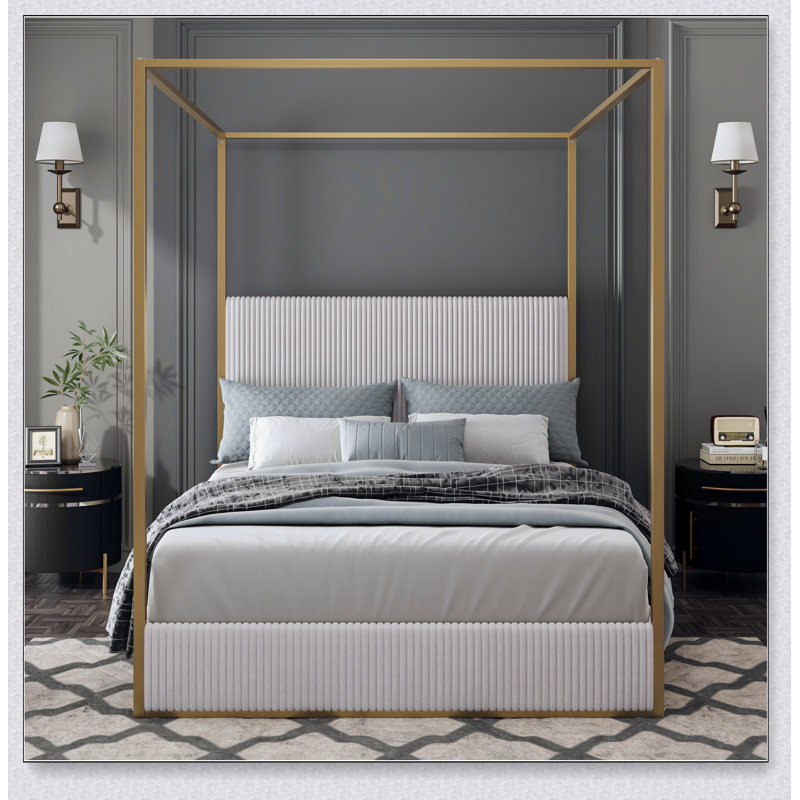 Modern Luxury Metal Canopy Bed With Tall Upholstered Headboard And Gold Four Poster, No Box Spring Needed,Queen, Gold/Beige