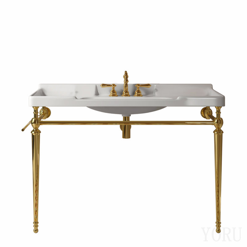 Meuble-lavabo sur pied de 122 cm (48 po), pieds en fer, sans lavabo, robinet, couvercle ni bonde, couleur or.
