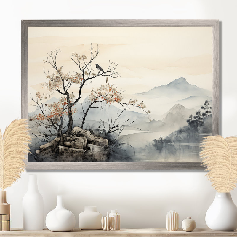 Art asiatique, art mural encadré Sumi Bird Serenity, Cadre flottant noir, H 34 po x l 44 po x P 1,5 po