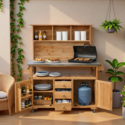 Large Garden Storage Potting Bench With Lockable Wheels, Stainless Steel Top, Drawers, Door Shelves And Hutch