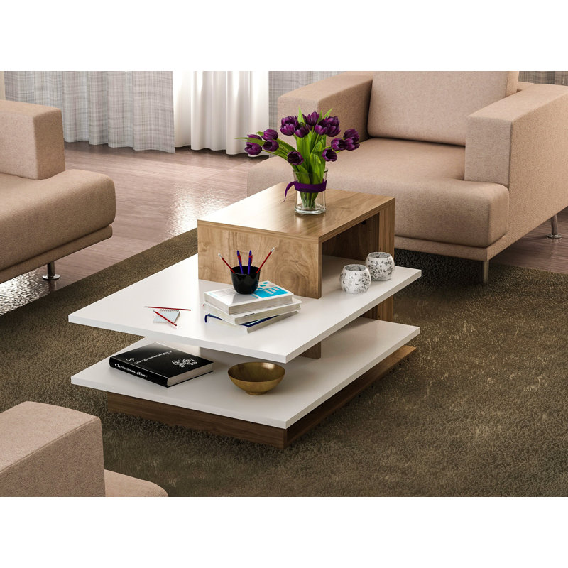 Modern Coffee Table with Additional Storage, White & Walnut, 33.4 x 17.2 x 23.4 inches | 100% Melamine Coated Particle Board, 0.7 inches Thick | Multipurpose Design for Living Room, Stylish & Functional