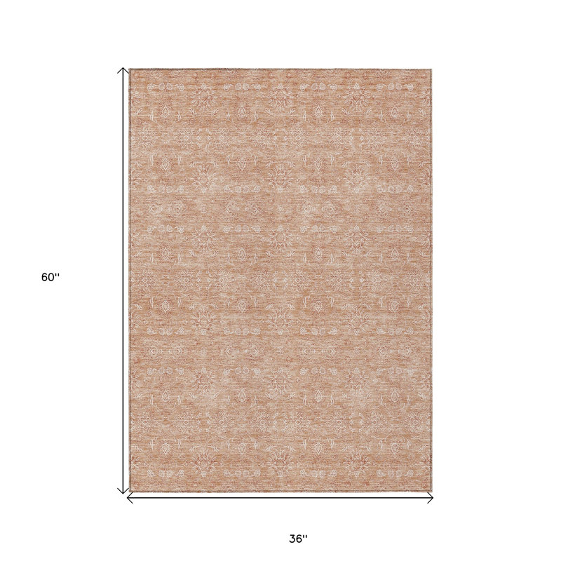 3' X 5' Copper And Beige Floral Washable Indoor Outdoor Area Rug
