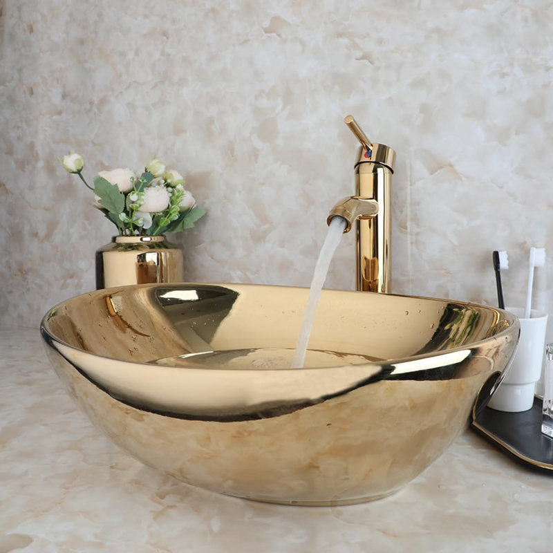 Ensemble de lavabo vasque ovale en céramique 16 po avec robinet doré et bonde escamotable 16 po
