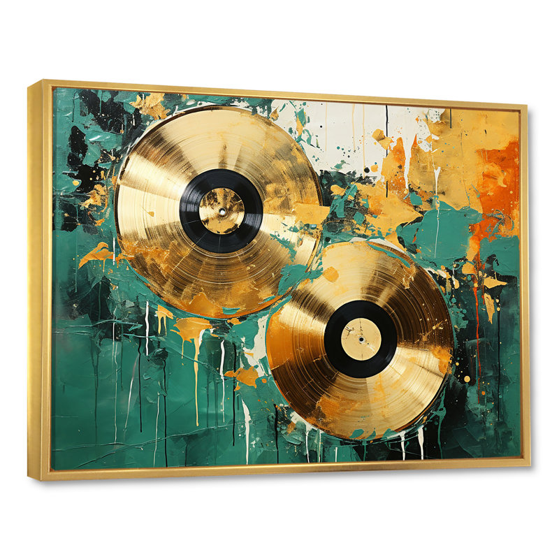 Minimalisme, disques vinyle I sur toile, Cadre flottant doré, H 34 po x l 44 po x P 1,5 po