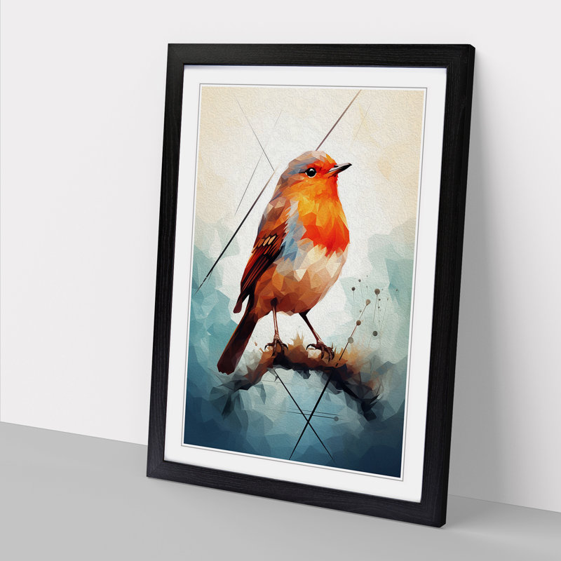 Robin Bird Geometric - Single Picture Frame Print on Wood, 64cm H x 46cm W x 2cm D, Black Framed