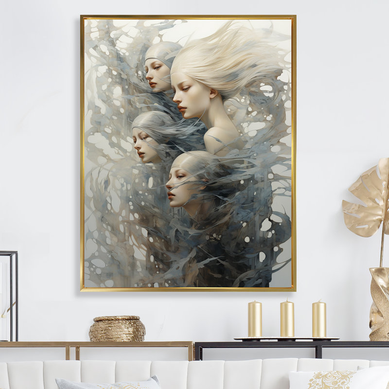 «Woman Mermaids Expression» sur toile, Cadre flottant doré, H 44 po x l 34 po x P 1,5 po