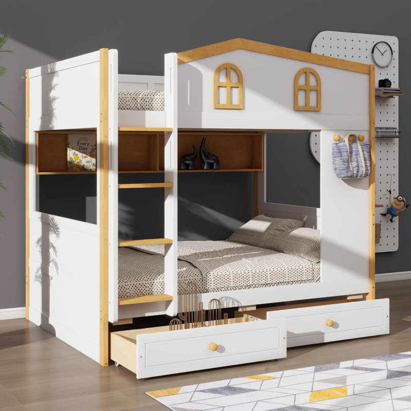 Lit superposé sur le thème de la maisonnette avec tiroirs de rangement, lit superposé en bois avec tablettes de rangement intégrées