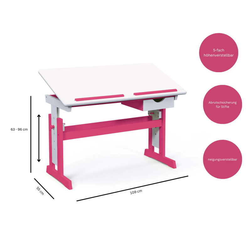 Simon children's desk - height adjustable, White/Pink