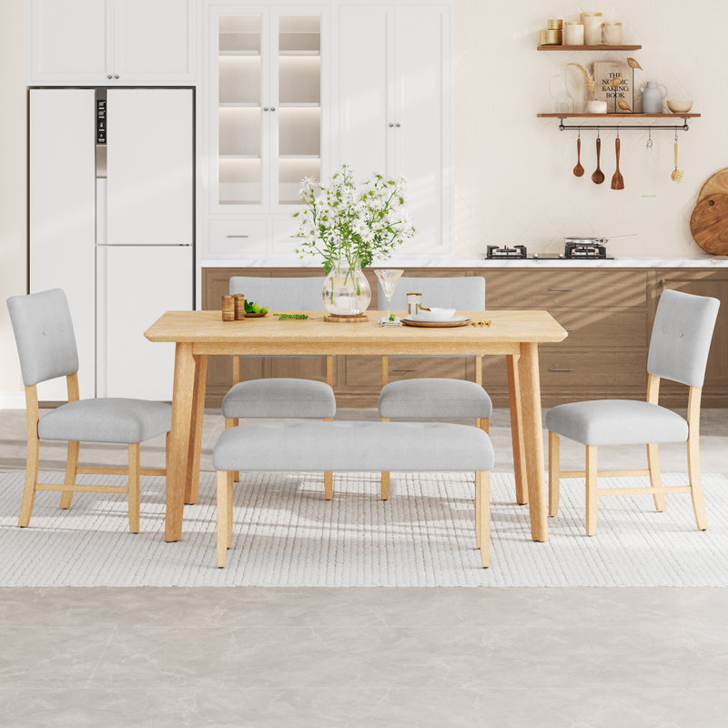 Ensemble de table de salle à manger 6 pièces, table de salle à manger rustique de style campagnard avec 4 chaises rembourrées et banc, ensemble de table de salle à manger en bois massif pour 6 personnes (assemblage facile, bois naturel délavé)