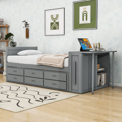Merlin Twin Three Drawers Wood Platform Bed with Desk,Built-in Trundle and Storage Shelf