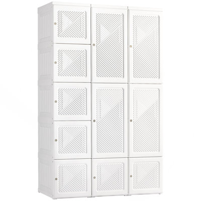Portable Wardrobe Closet, Folding Bedroom Armoire, Clothes Storage Organizer With 11 Cube Compartments, Hanging Rod, Magnet Doors, White