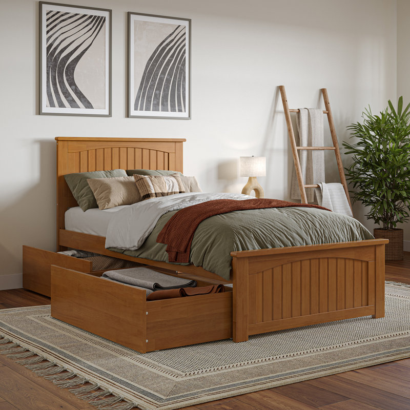 Lit plateforme en bois massif Kindig Cottage avec pied de lit et tiroirs de rangement assortis, Simple TG, Caramel clair