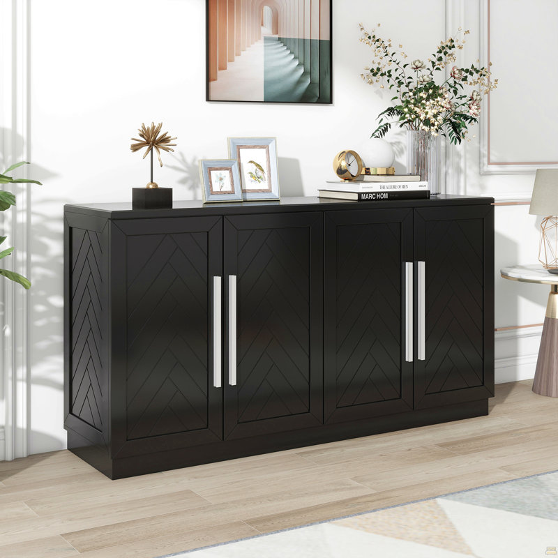 Buffet avec rangement, buffet avec tablettes réglables et armoire à poignées argentées, Black