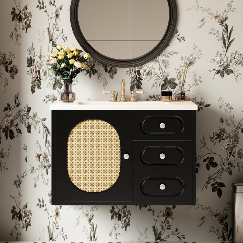 Meuble-lavabo de salle de bain 24 po Wireman, lavabo en céramique lustrée, deux tiroirs, rangement bien organisé, portes à fermeture en douceur à extension complète Mid-Century, structure stable