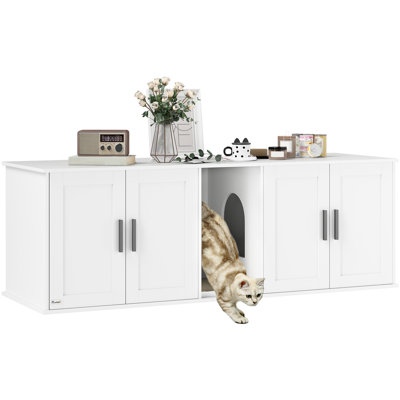 Cat Litter Box Enclosure for 2 Cats, Hidden Litter Box Furniture with Double Room, Scratching Mat, Kitty Washroom Furniture, 57" x 19" x 20", White