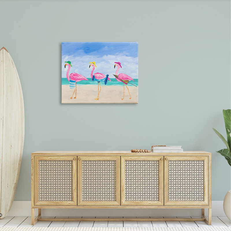 Joli flamant rose, plage, promenade, illustration de la côte par Julie Derice - Peinture, Toile tendue