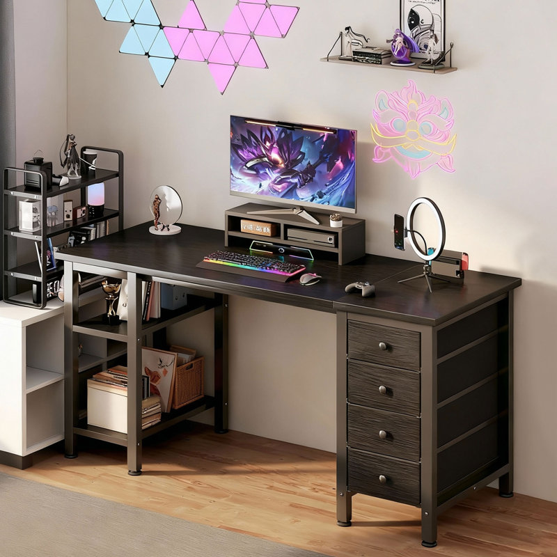 Bureau rectangulaire avec tiroirs et tablettes de rangement, Noir, H 29,5 po x l 47,2 po x P 19,7 po