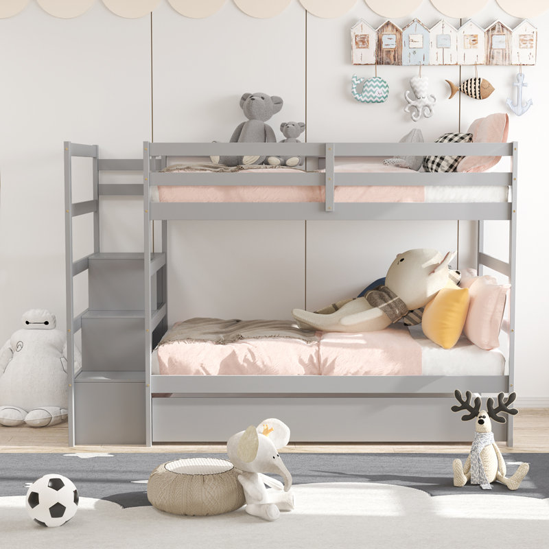 Edele Kids Twin Over Twin Bunk Bed, Gray
