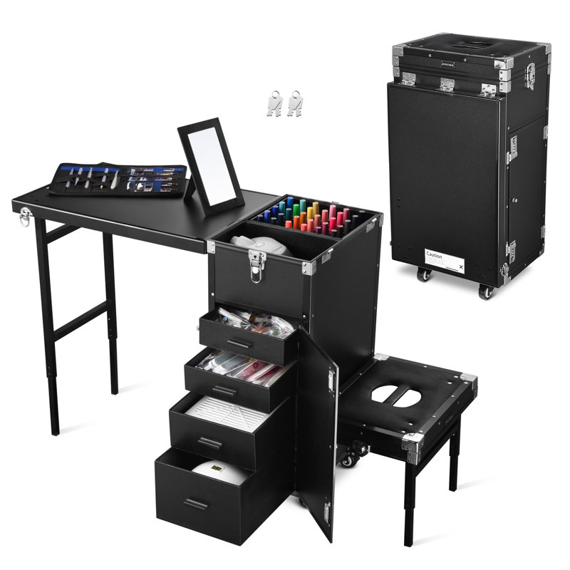 Table de manucure BYOOTIQUE avec tabouret de pédicure | Bureau pour prothésiste ongulaire | Verrouillable, 4 tiroirs, roulettes amovibles, table de manucure portative, trousse de toilette de voyage, manucure à domicile