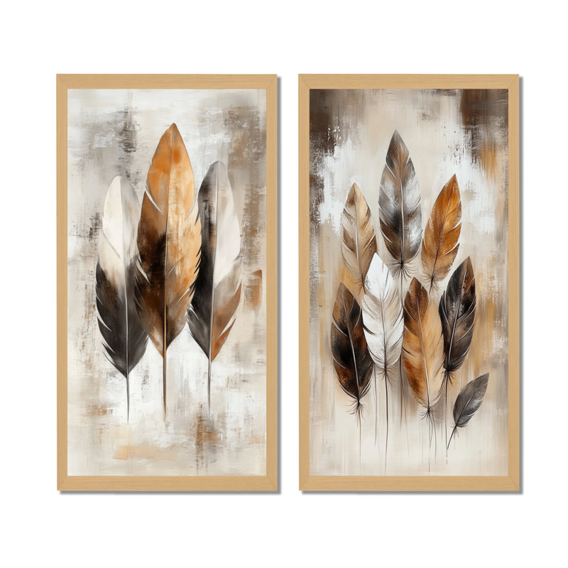 Plumes Boho Free Spirit - Ensemble de 2 impressions sur toile Boho Feather, 32" H x 32" W, Natural Picture Framed