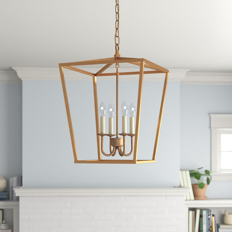 Finnick 4-Light Dimmable Iron Geometric Lantern Chandelier, Vintage Gold