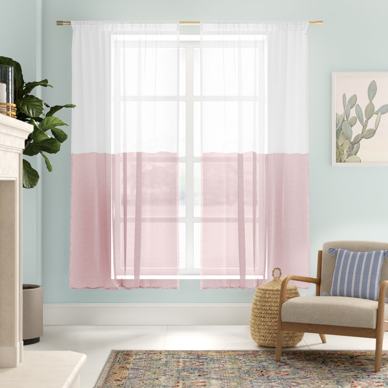 Burtie Linen Room Darkening Single Curtain Panel, White/Pink